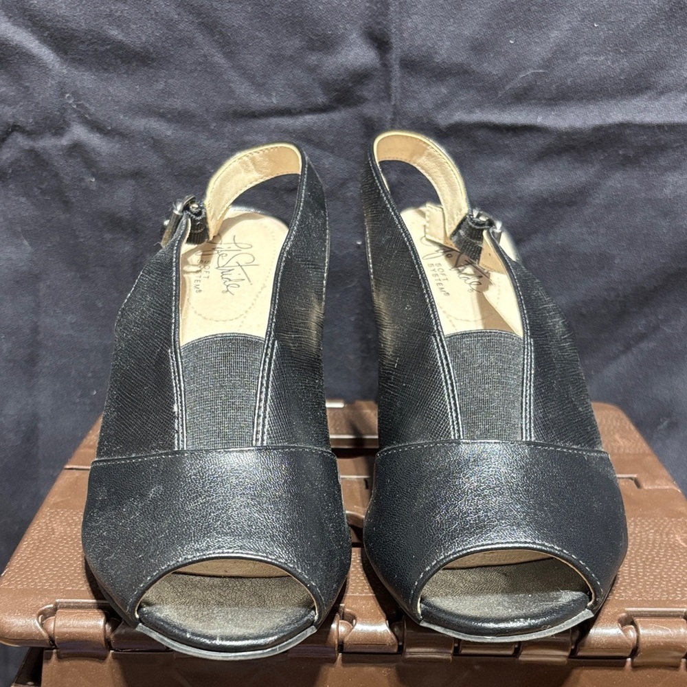 Life Stride Black Peep Toe Slingback Heels